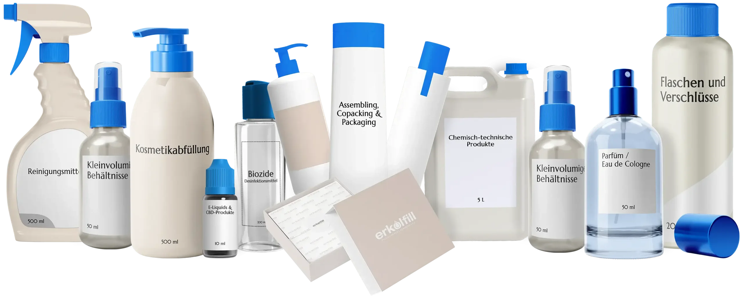 Vielfältige Produktverpackungen für die professionelle Lohnabfüllung hochwertiger Pharma- und Kosmetikprodukte